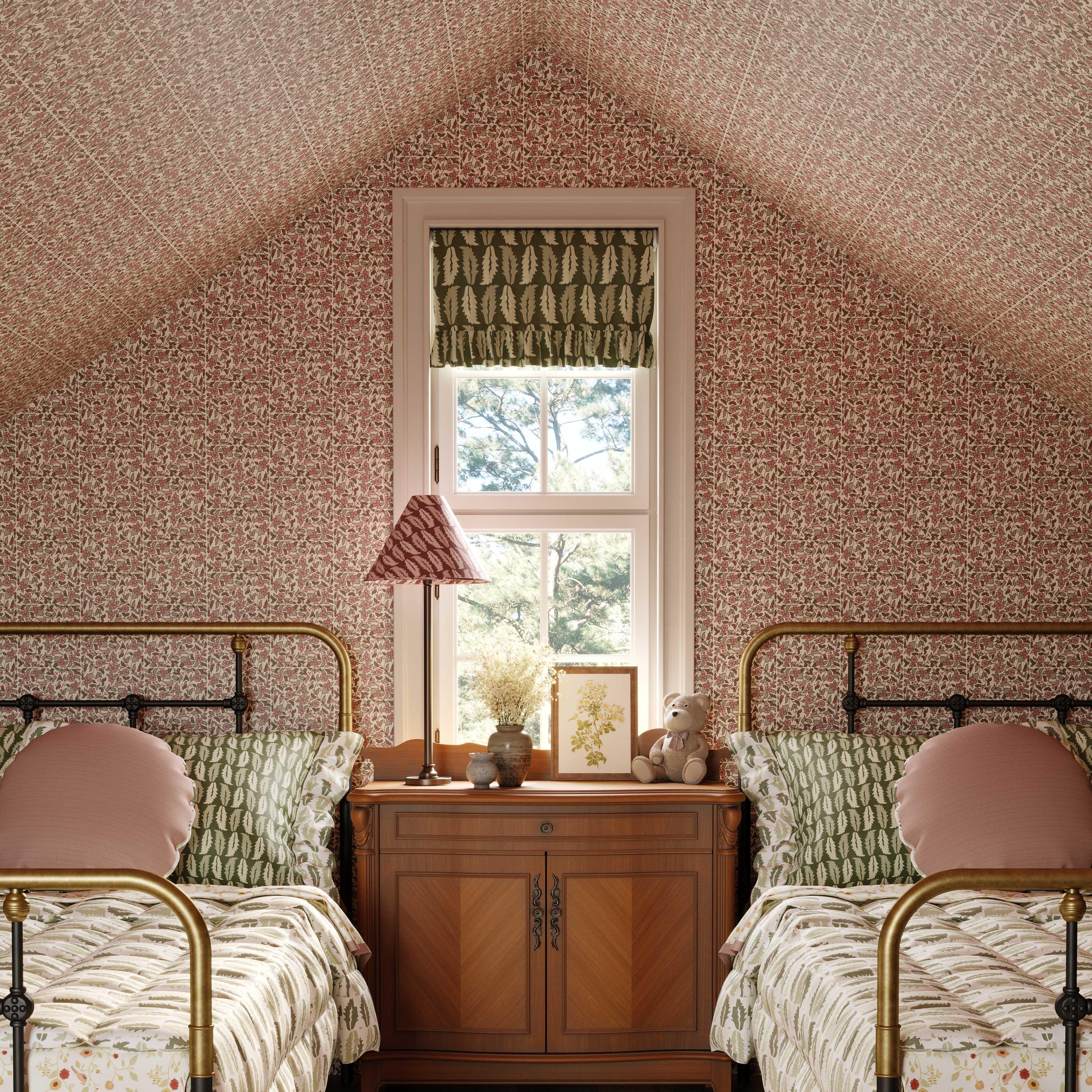 Pimpernel Patch wallpaper in pink styled in a vintage floral interior - Huggleberry Hill