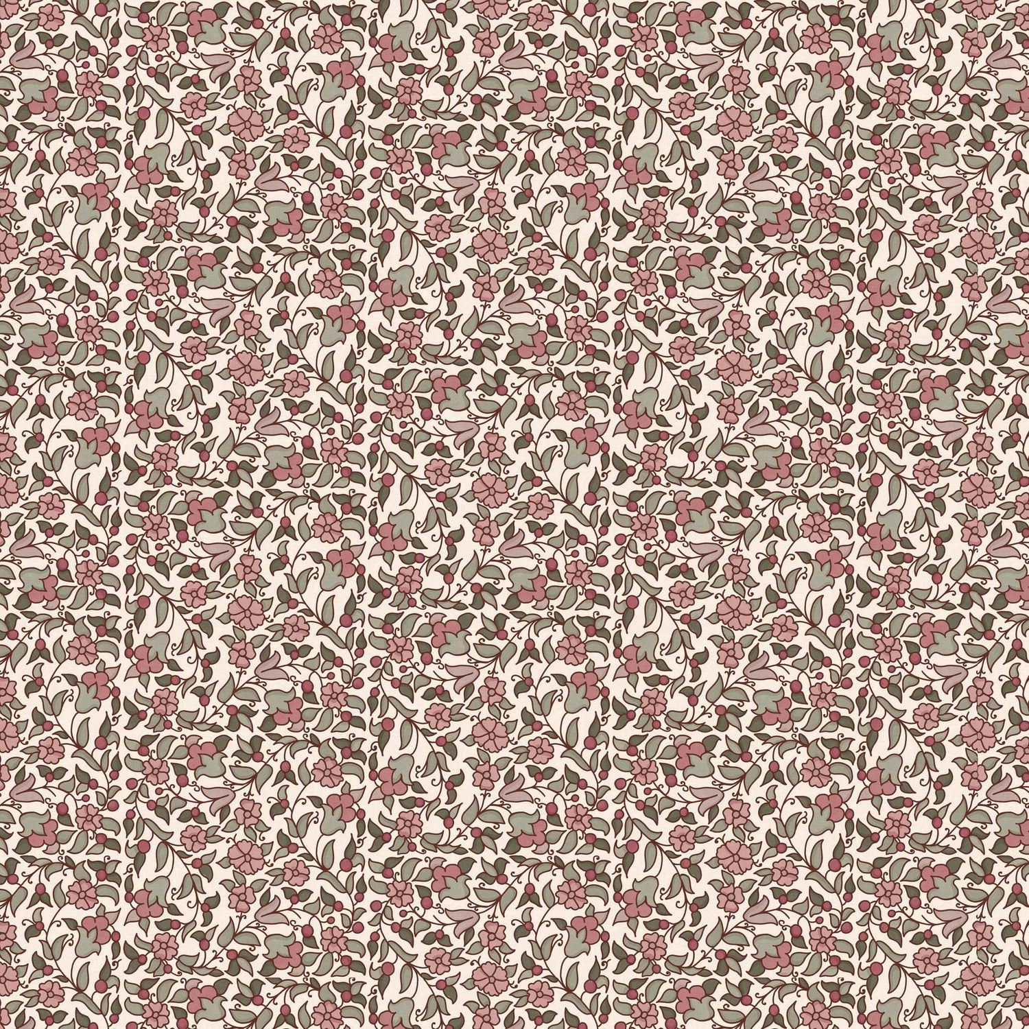 Close-up swatch of Pimpernel Patch wallpaper in pink with intricate floral and leaf design - Huggleberry Hill