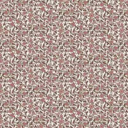 Close-up swatch of Pimpernel Patch wallpaper in pink with intricate floral and leaf design - Huggleberry Hill