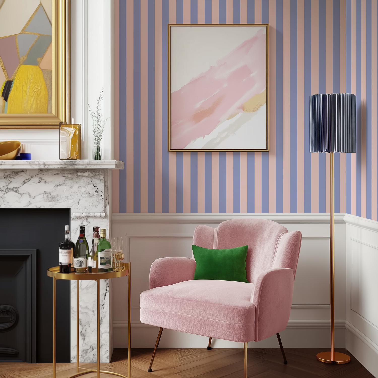 The corner of a modern victorian dining room with a chair and lamp and blue and pink thin stripe wallpaper above the wall panelling