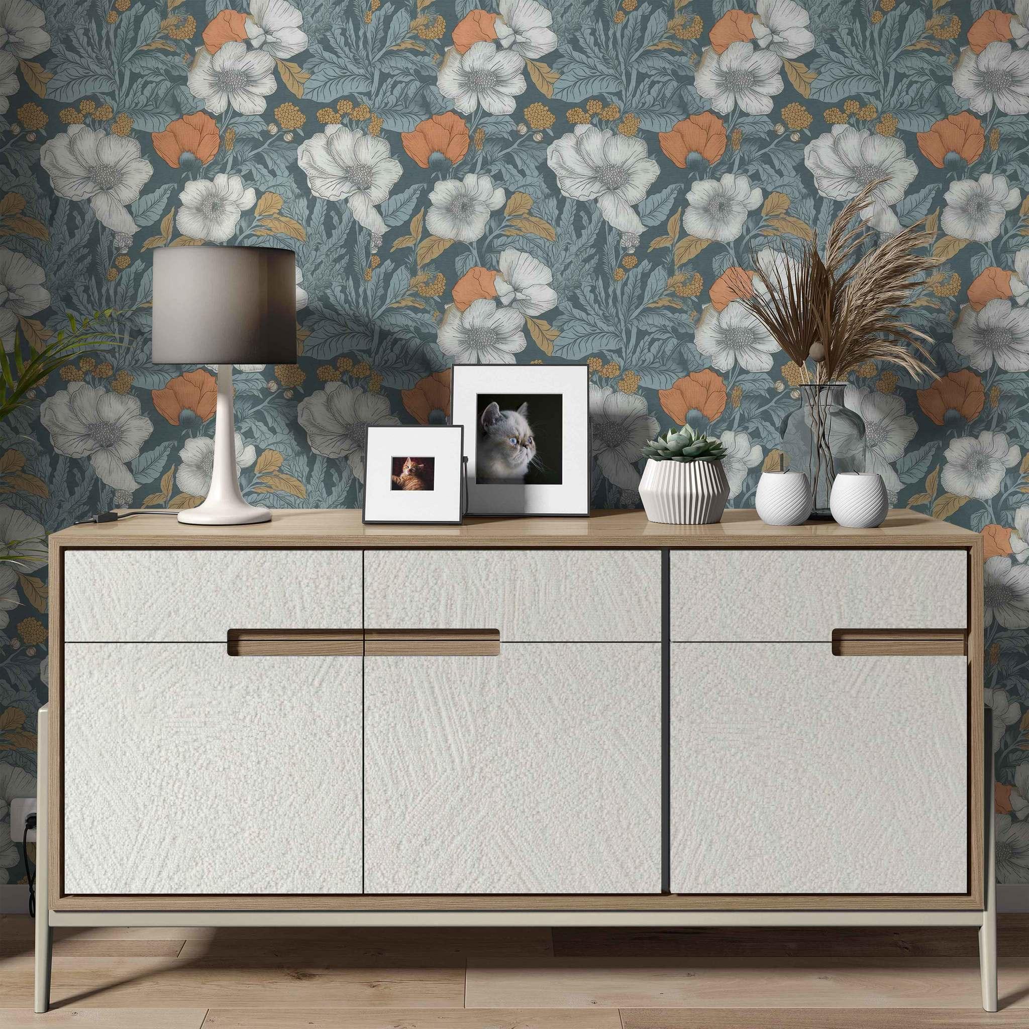 Poppy Passion Wallpaper styled on a modern living room wall with bold orange and grey poppies for a botanical statement wall - Huggleberry Hill