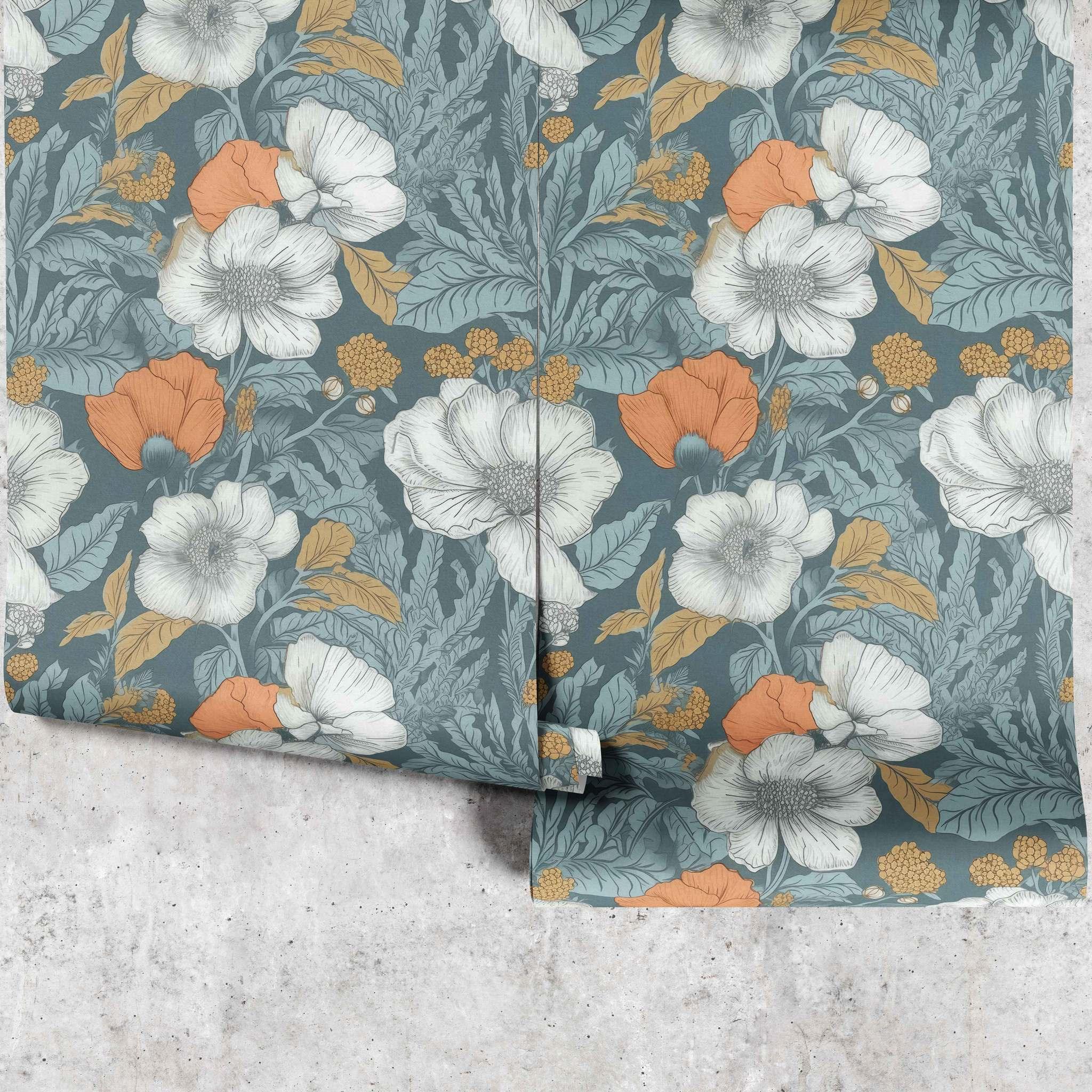 Poppy Passion Wallpaper panels showing large orange floral design with grey botanical leaves - Huggleberry Hill