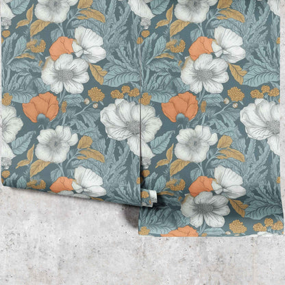 Poppy Passion Wallpaper panels showing large orange floral design with grey botanical leaves - Huggleberry Hill