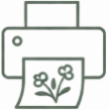 Icon of a printer with flowers emerging, symbolizing printing or reproduction.