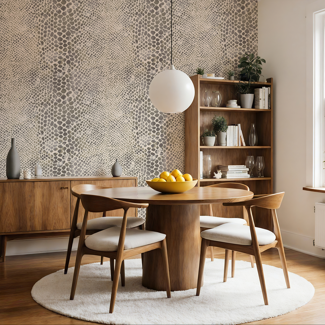 Neutral snakeskin wallpaper in a warm dining room with wood furniture, round table, and soft natural textures