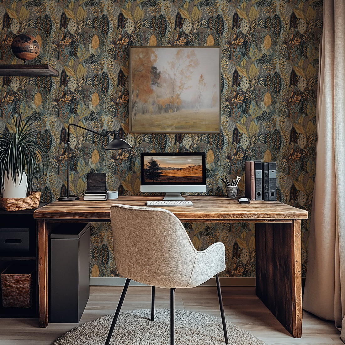 A rustic home office with cozy dark forest wallpaper