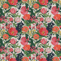 Floral pattern with pink, orange, and red flowers on a white background