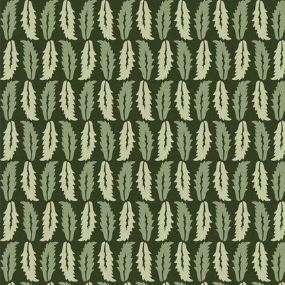 Close-up swatch of Sweet Chestnut wallpaper in dark green with repeating chestnut leaf pattern - Huggleberry Hill