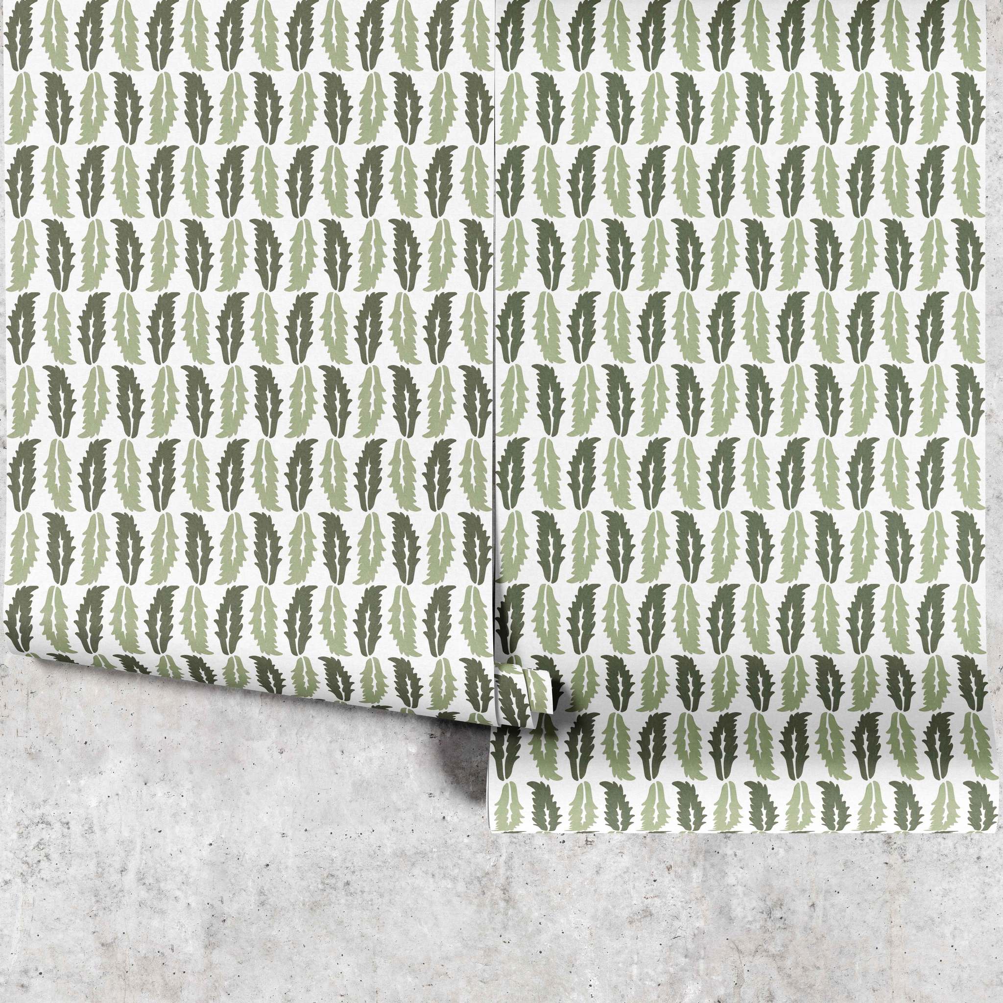 Sweet Chestnut wallpaper full panel in green with repeating leaf pattern - Huggleberry Hill