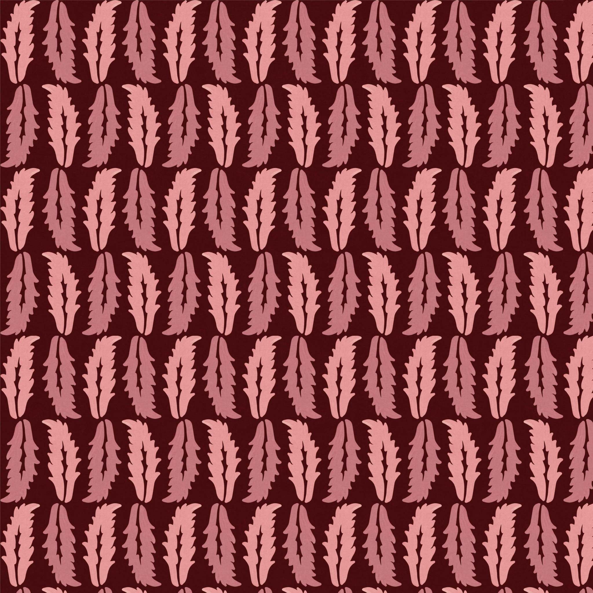 Close-up swatch of Sweet Chestnut wallpaper in red with repeating leaf design - Huggleberry Hill