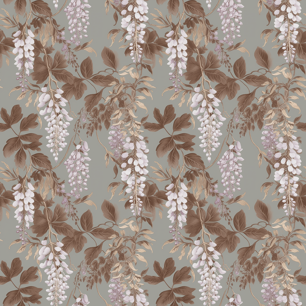 Floral pattern with wisteria flowers and leaves on a light green background
