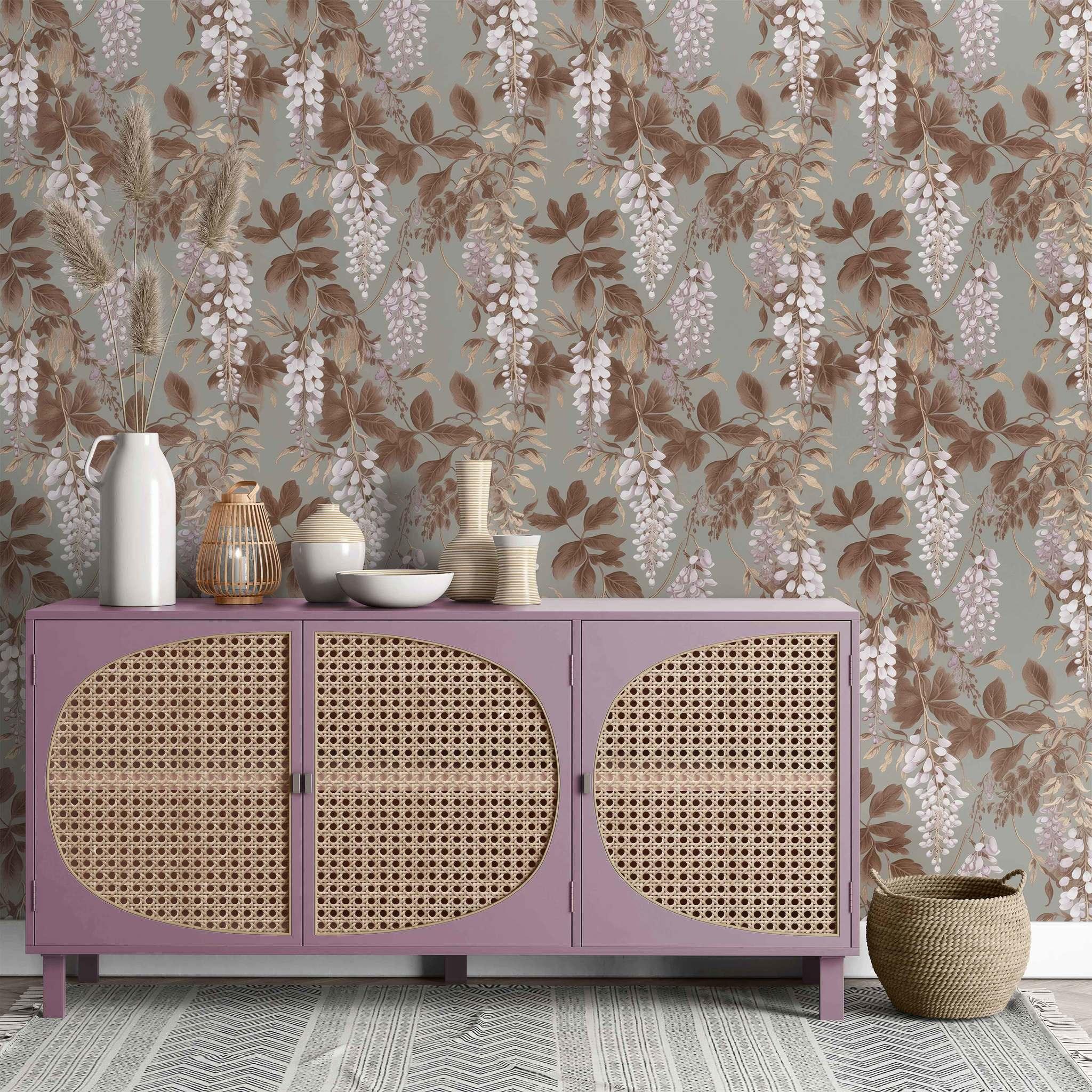 Sweet Serenity Wallpaper styled interior – cascading wisteria on sage green walls - Huggleberry Hill