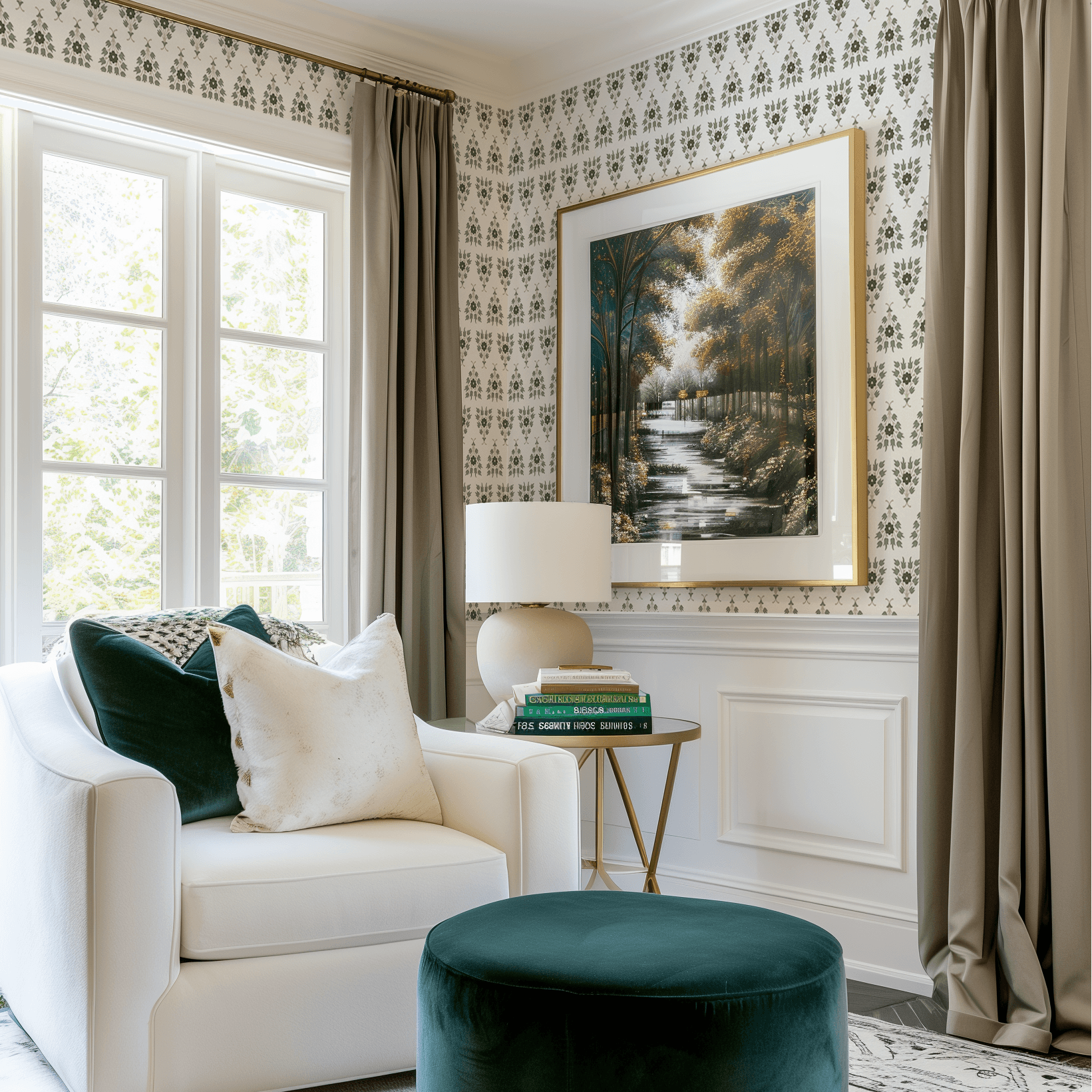 Living room styled with Tulips and Tussie-Mussies Green Wallpaper, vintage floral tulip design on eco-friendly wide panels.