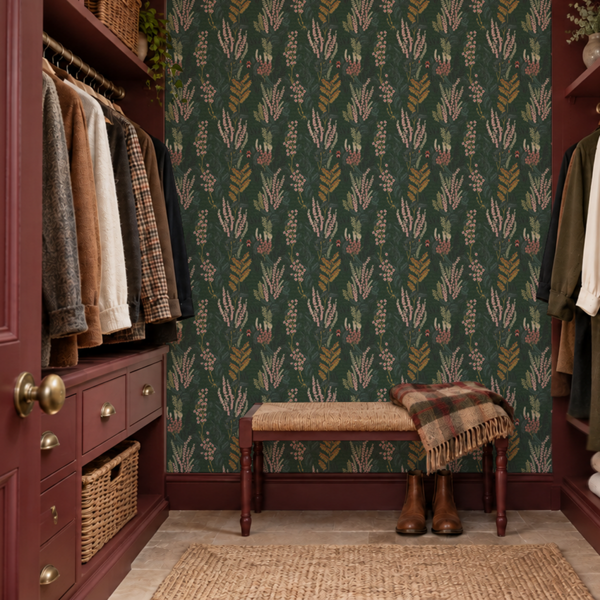 A moody heritage-inspired dressing room with red paint and a dark green wallpaper featuring sprigs of foliage