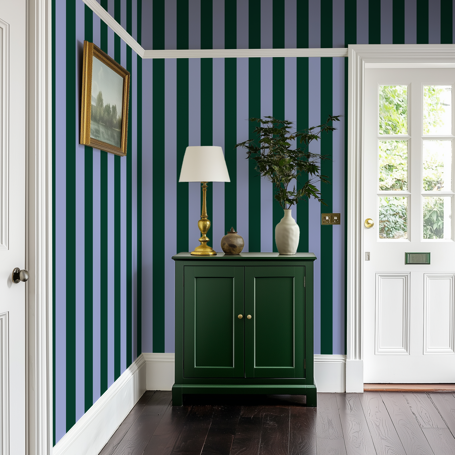 The entryway in a Victorian house with blue and green wallpaper and a dark green sideboard