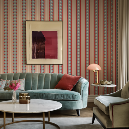 A NY apartment living room with luxury furniture and midcentury wide stripe wallpaper 