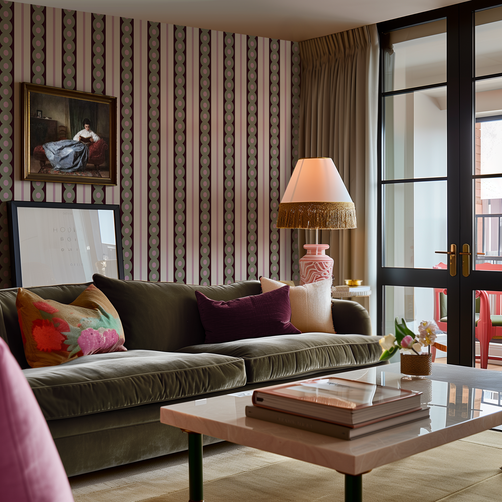 An apartment living room featuring an eclectic mix of modern and old with green circles wide stripe wallpaper