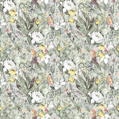 Floral pattern with white flowers and green leaves on a light background