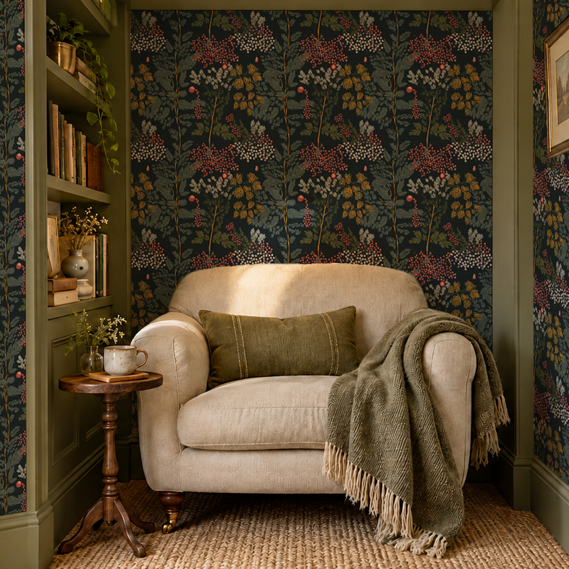 A cosy cottage reading nook with green wood accents and a dark botanical forest wallpaper
