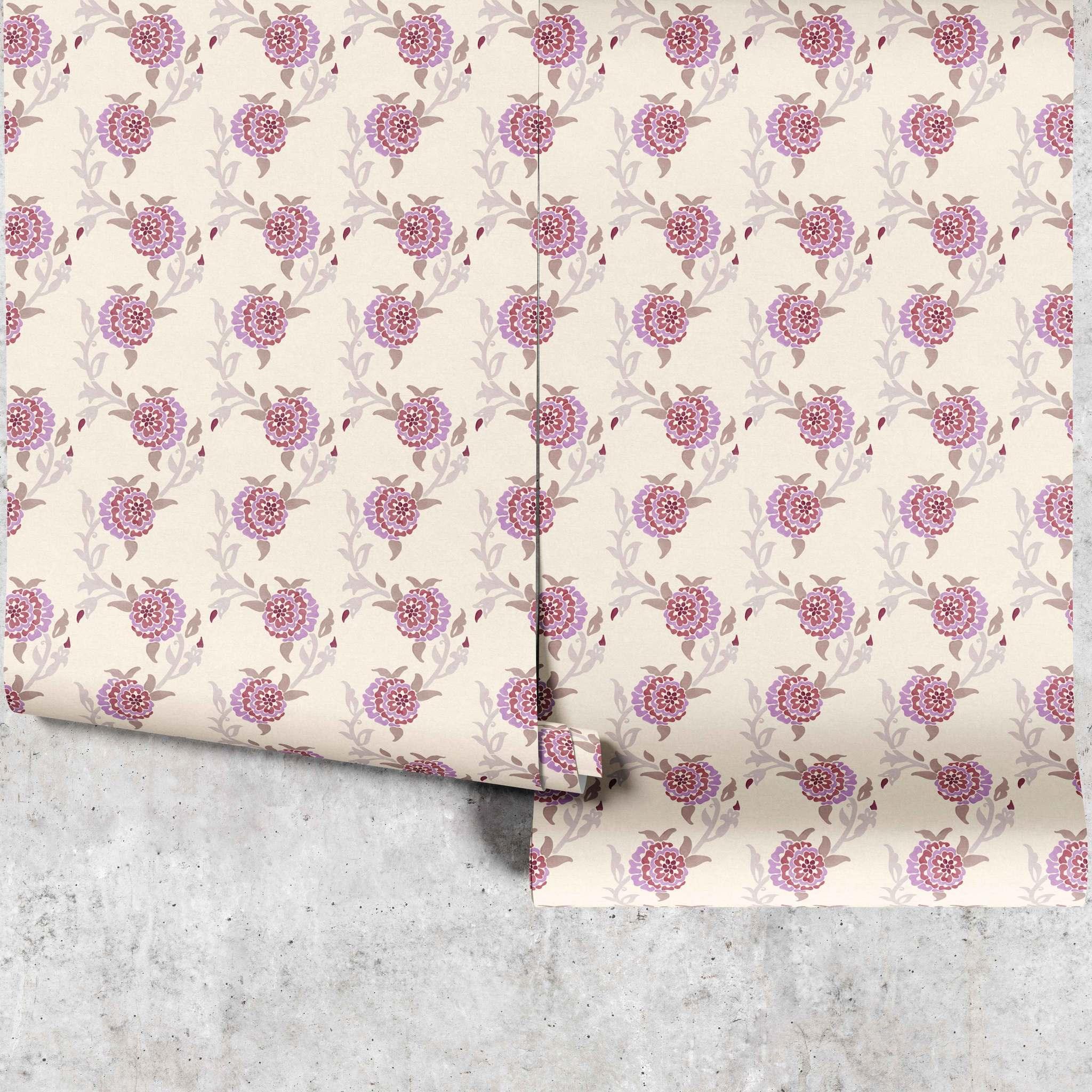 Winding Zinnia wallpaper full panels in natural and purple showing bold floral design - Huggleberry Hill