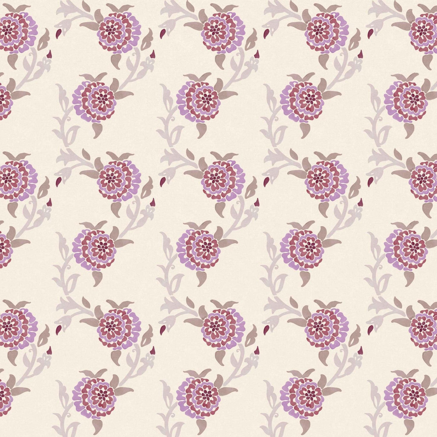 Close-up swatch of Winding Zinnia wallpaper in natural and purple with zinnia blossom and vine pattern - Huggleberry Hill