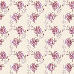 Close-up swatch of Winding Zinnia wallpaper in natural and purple with zinnia blossom and vine pattern - Huggleberry Hill