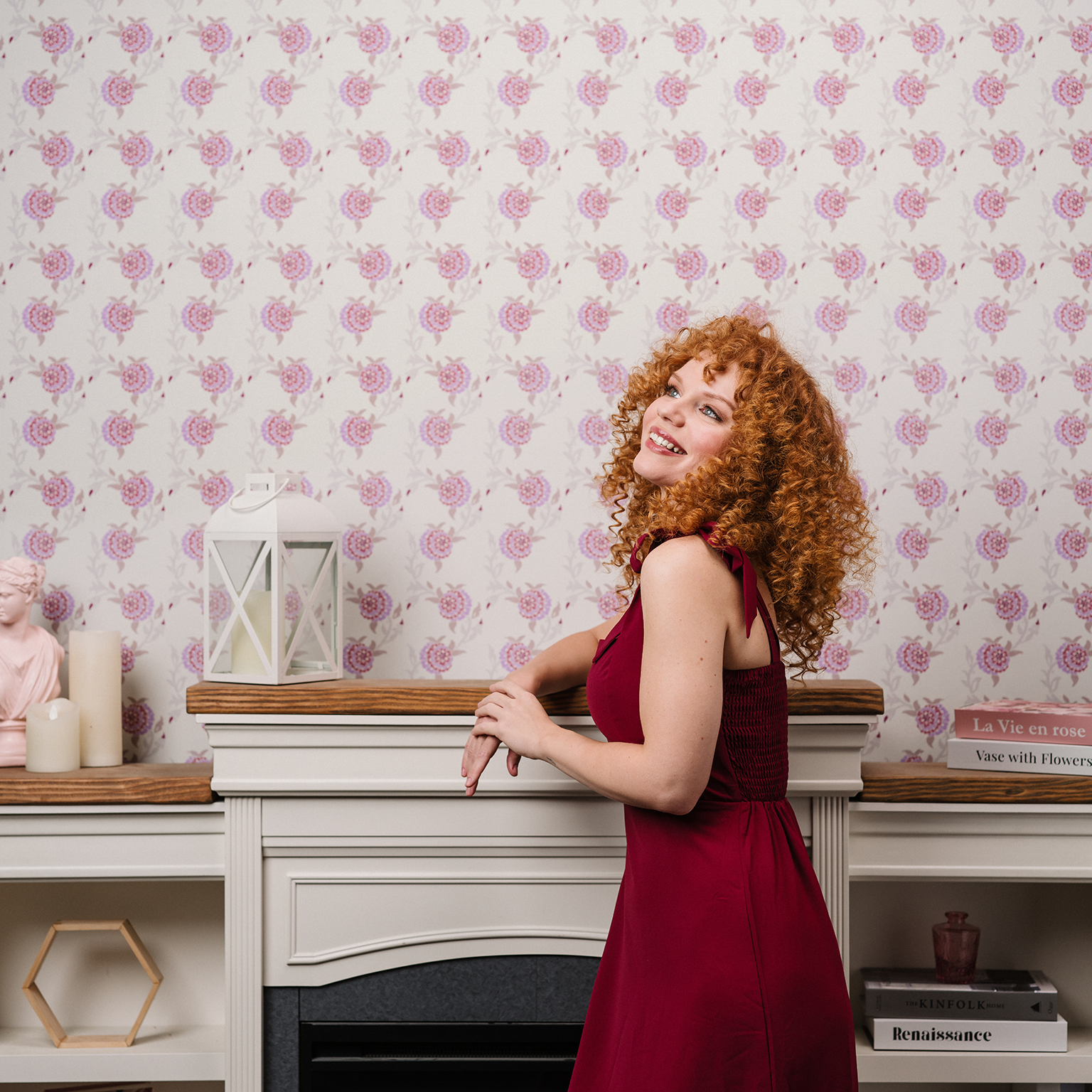 Winding Zinnia wallpaper in natural and purple styled in a romantic interior with a woman - Huggleberry Hill